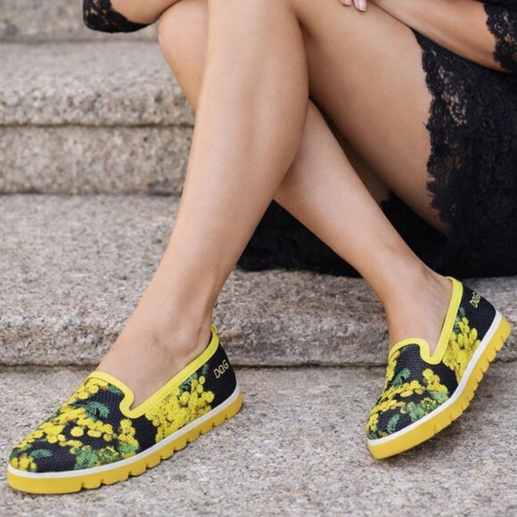Dolce Gabanna Black Yellow Flower Printed Canvas Slip on Espadrilles Size 6.5
